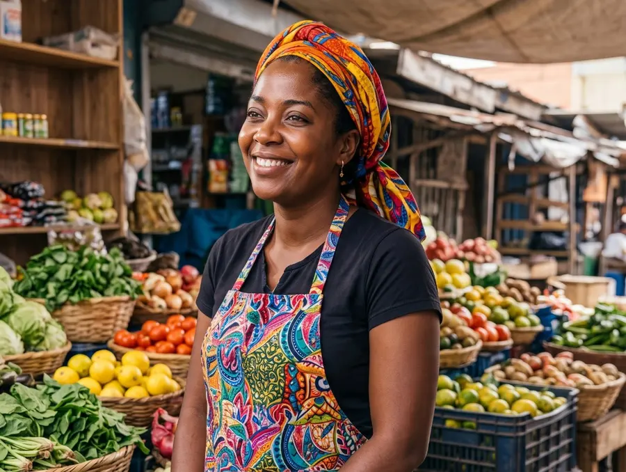 Commerçante souriante sur un marché