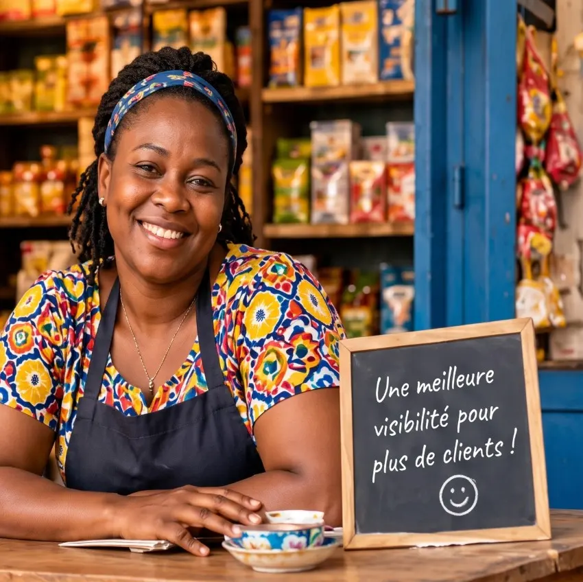 Commerçante souriante dans sa boutique, à côté d'une ardoise « Une meilleure visibilité pour plus de clients »