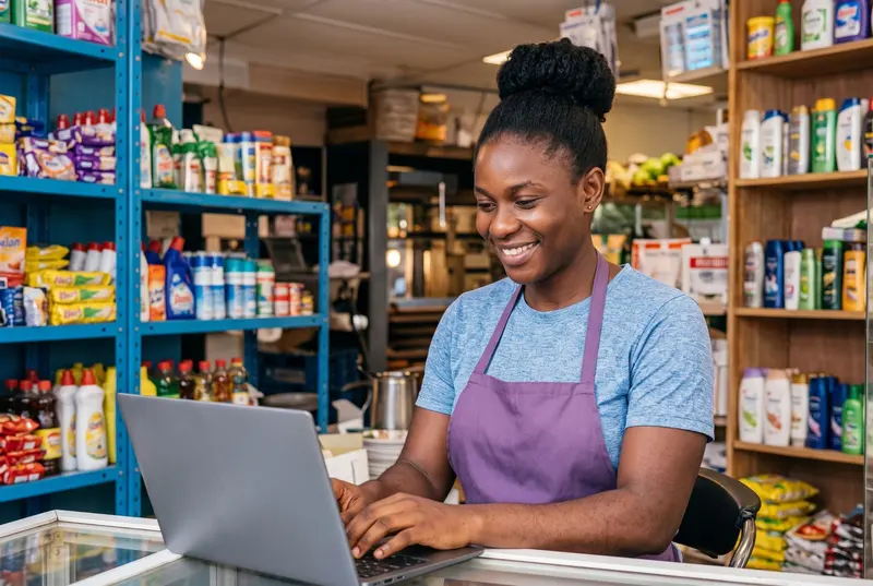 Commerçante travaillant sur son ordinateur dans sa boutique