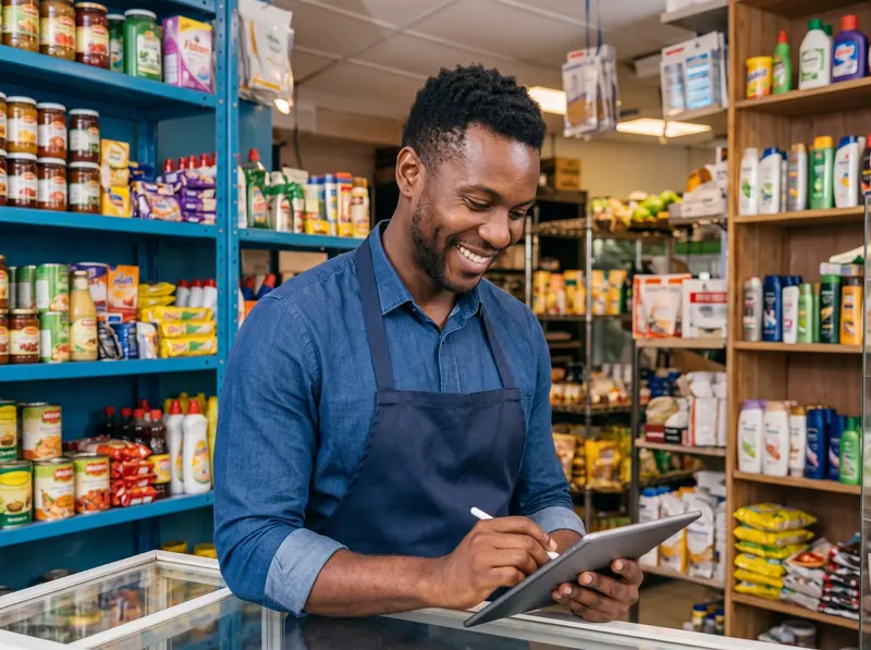 Commerçant prenant des notes sur sa tablette dans sa boutique