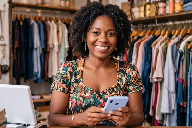 Commerçante présentant ses vêtements avec son téléphone
